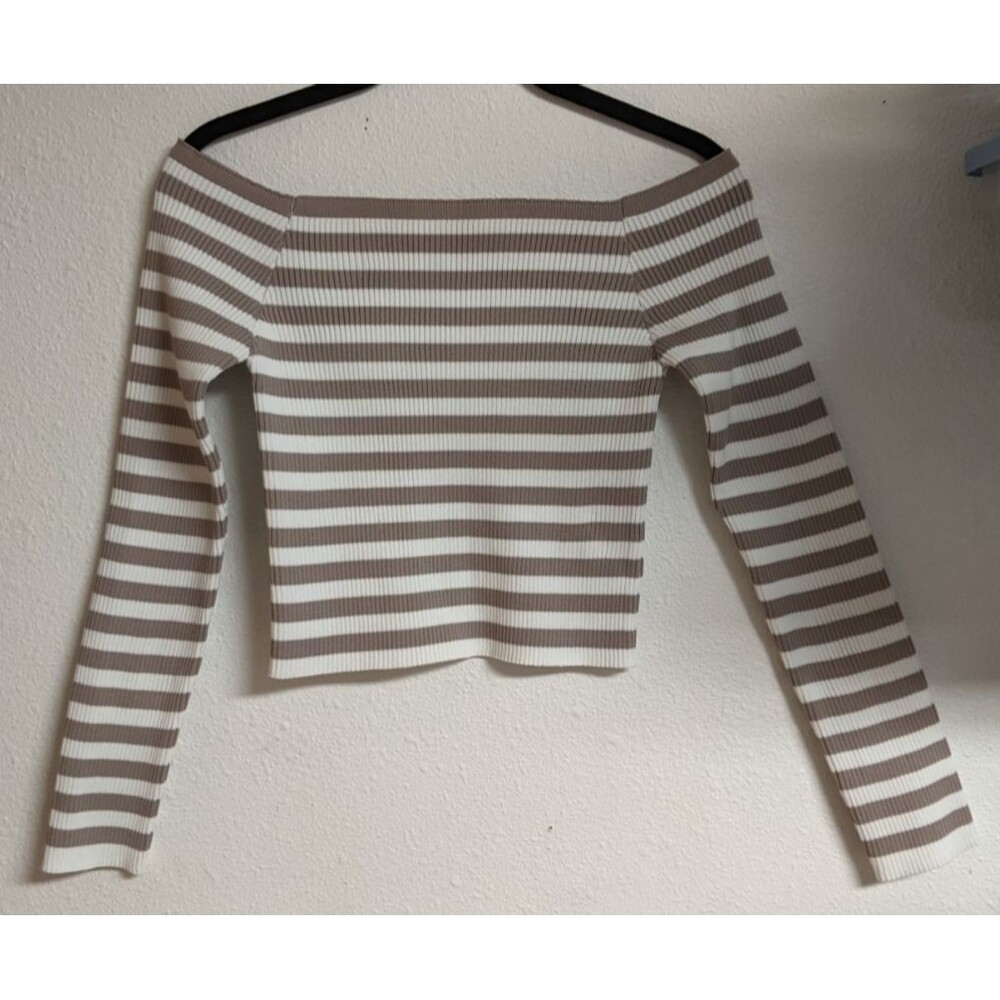 Women's RSQ Off the Shoulder Striped White/Beige Stretchy Long Sleeve Top
